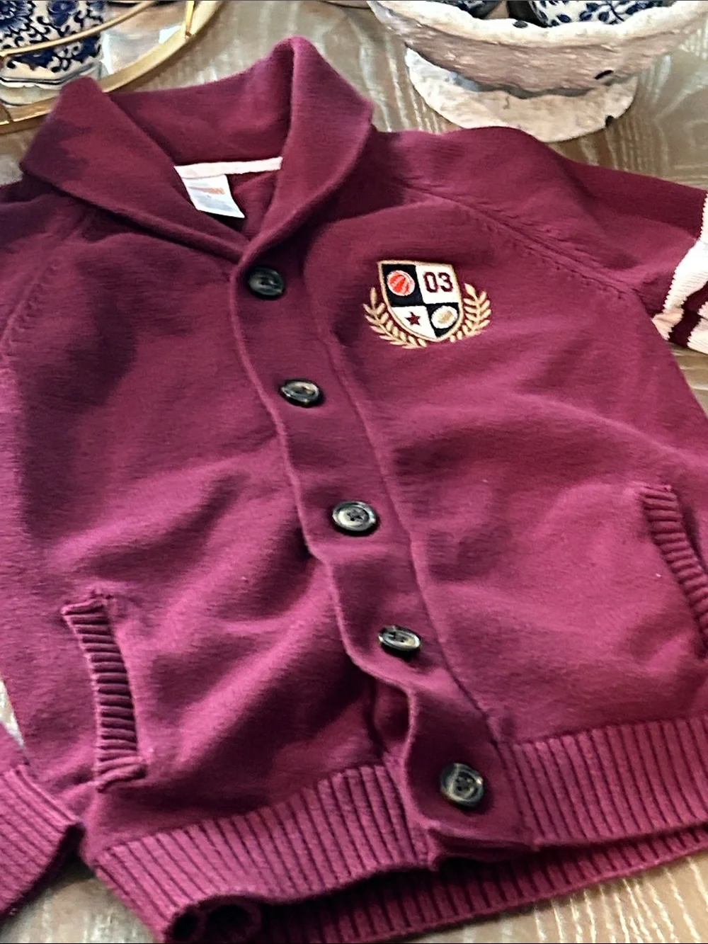 Gymboree Burgundy Button Up Cardigan Sweater Varsity Football Basketball Crest